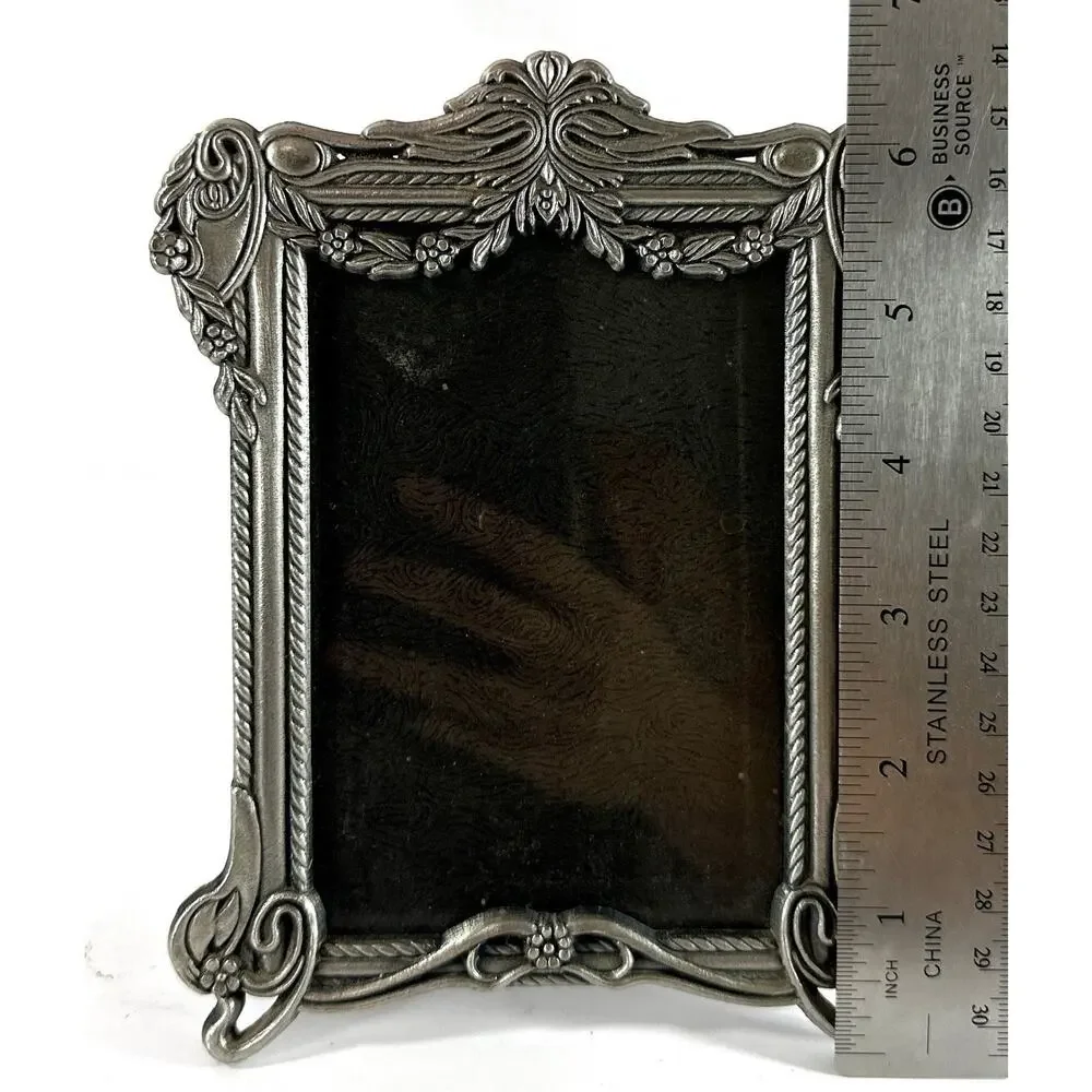 Vtg Ornate Silver Tone Picture Frame Floral Scroll Easel Back 5x6.5 Fits 3.5x5